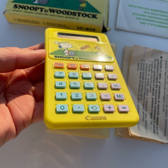 VINTAGE PEANUTS SNOOPY WOODSTOCK CANON CALCULATOR LC-33 - YELLOW WITH CASE - Picture 4 of 5
